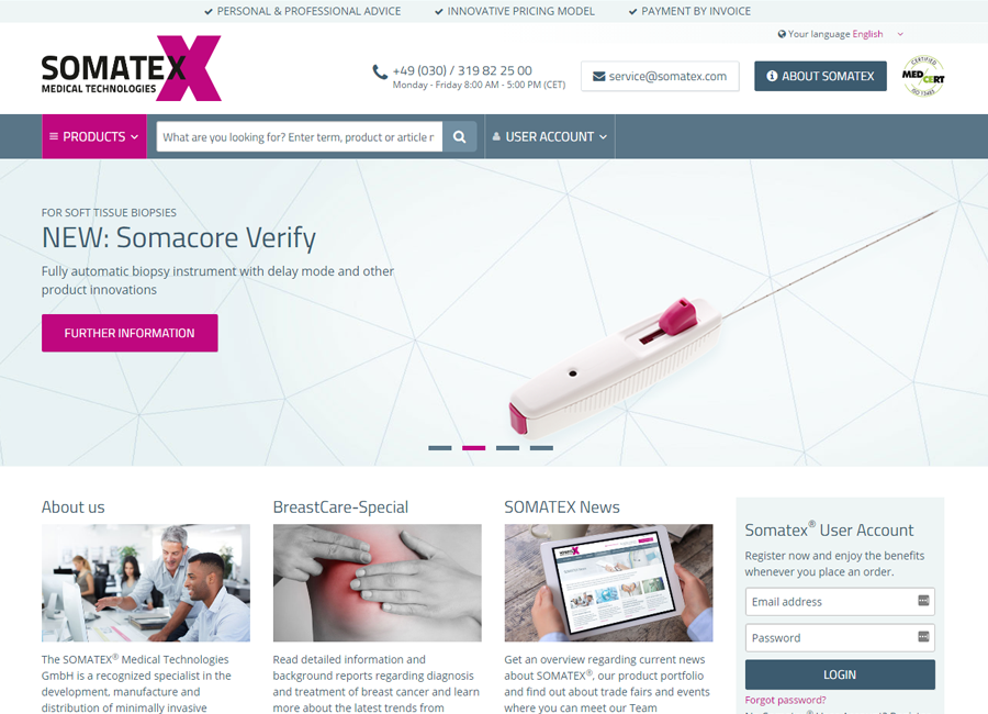 Screenshot der Startseite der SOMATEX® Medical Technologies GmbH