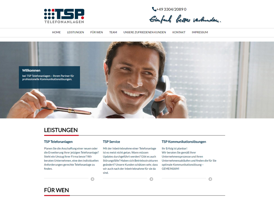 Screenshot der Startseite von TSP Telefonanlagen